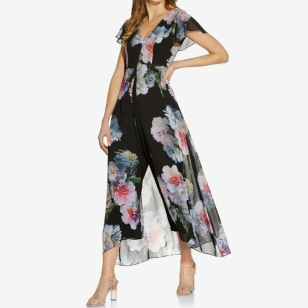Adrianna Papell Floral Chiffon Overlay Short Flutter Sleeve Crop Jumpsuit Formal